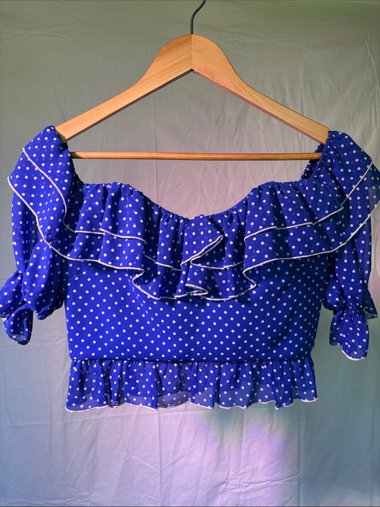 Lovers + Friends Tops - Lovers + Friends Blue Polka Dot Ruffle Off-Shoulder Top